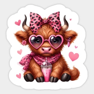 Valentine Highland Cow Drinking Ice Cream Sticker